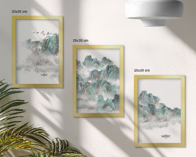 Gallery wall Bergen in de wolken met vogels en een boot op het water japandi
