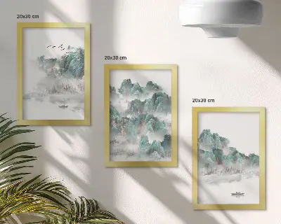 Gallery wall met een Japandi afbeelding van bergen in de wolken met vogels en een boot op het water
