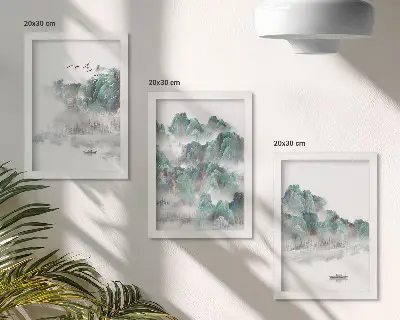 Gallery wall met een Japandi afbeelding van bergen in de wolken met vogels en een boot op het water