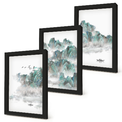 Gallery wall Bergen in de wolken met vogels en een boot op het water japandi