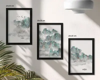 Gallery wall met een Japandi afbeelding van bergen in de wolken met vogels en een boot op het water