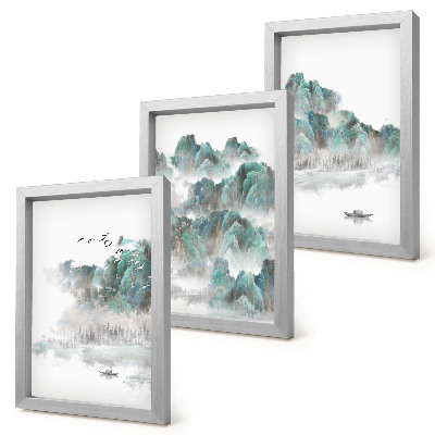 Gallery wall Bergen in de wolken met vogels en een boot op het water japandi