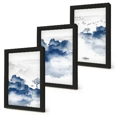 Set van ingelijste schilderijen met wolkenbergen, bomen en vogels op de achtergrond