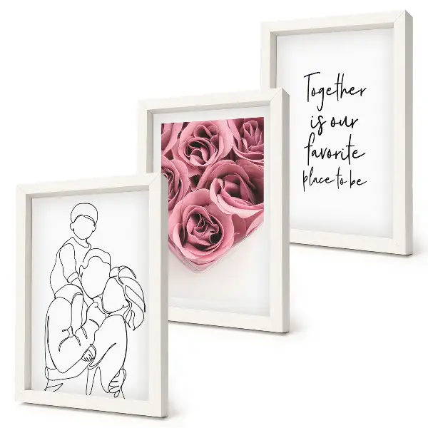 Set van ingelijste schilderijen familie lijntekening met rozenboeketten en huis inscriptie