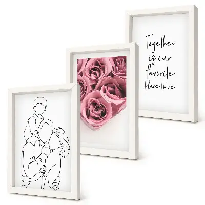 Set van ingelijste schilderijen familie lijntekening met rozenboeketten en huis inscriptie