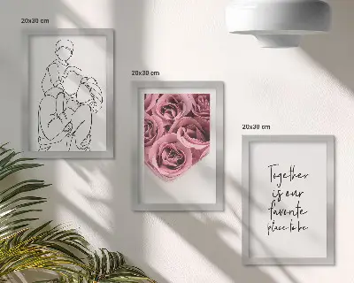 Set van ingelijste schilderijen familie lijntekening met rozenboeketten en huis inscriptie