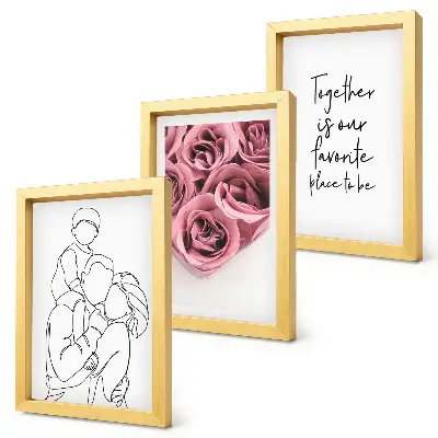Set van ingelijste schilderijen familie lijntekening met rozenboeketten en huis inscriptie