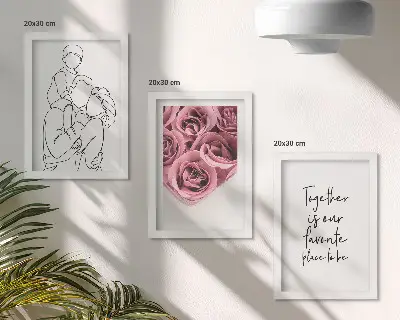 Set van ingelijste schilderijen familie lijntekening met rozenboeketten en huis inscriptie