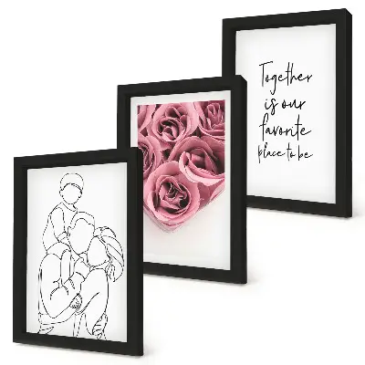 Set van ingelijste schilderijen familie lijntekening met rozenboeketten en huis inscriptie