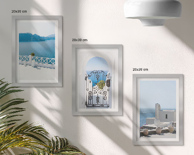 Set van ingelijste schilderijen Zeezicht met witte gebouwen, Griekenland