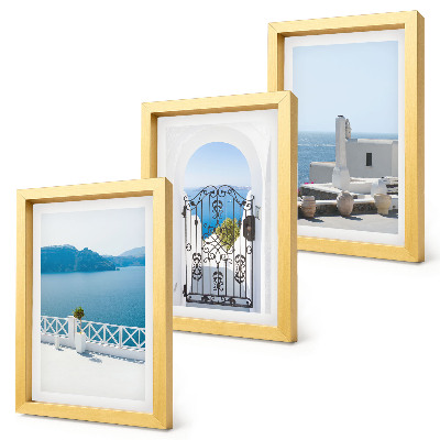 Set van ingelijste schilderijen Zeezicht met witte gebouwen, Griekenland