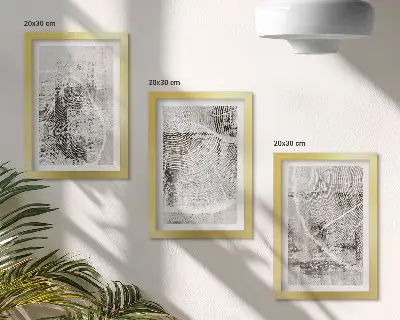 Gallery wall met houtnerfpatronen in grijstinten en wit