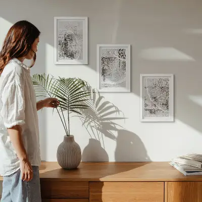Gallery wall met houtnerfpatronen in grijstinten en wit