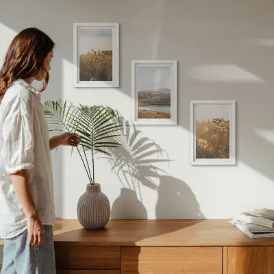 Set van ingelijste schilderijen met landschappen van weilanden, bergen en een meer op de achtergrond