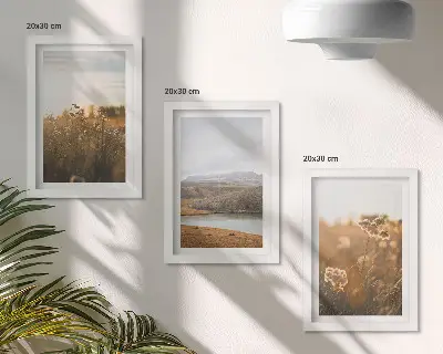 Set van ingelijste schilderijen met landschappen van weilanden, bergen en een meer op de achtergrond