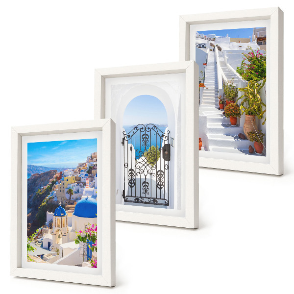 Set van ingelijste schilderijen Uitzichten op Santorini, Griekse architectuur van Oia