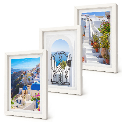 Set van ingelijste schilderijen Uitzichten op Santorini, Griekse architectuur van Oia