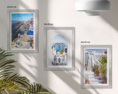 Set van ingelijste schilderijen Uitzichten op Santorini, Griekse architectuur van Oia