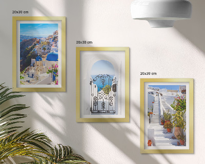 Set van ingelijste schilderijen Uitzichten op Santorini, Griekse architectuur van Oia