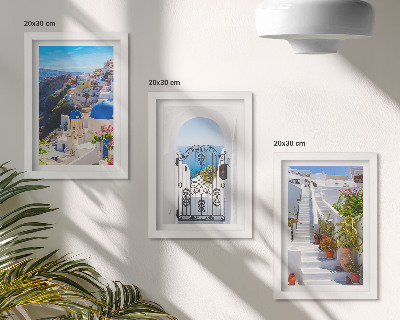 Set van ingelijste schilderijen Uitzichten op Santorini, Griekse architectuur van Oia