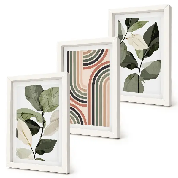 Set ingelijste schilderijen met plantmotieven en geometrische patronen in groene tinten