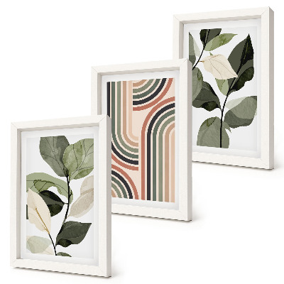 Set van ingelijste schilderijen Plantmotieven met geometrische patronen in groene tinten.