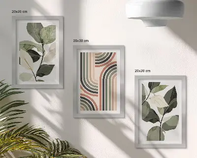 Set ingelijste schilderijen met plantmotieven en geometrische patronen in groene tinten
