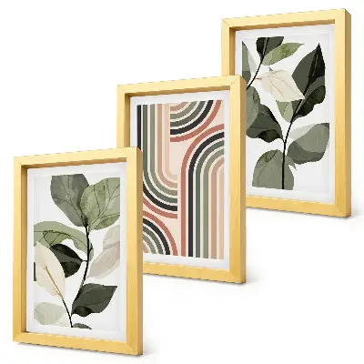 Set ingelijste schilderijen met plantmotieven en geometrische patronen in groene tinten