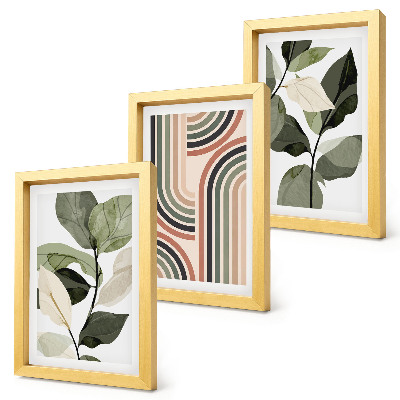 Set van ingelijste schilderijen Plantmotieven met geometrische patronen in groene tinten.