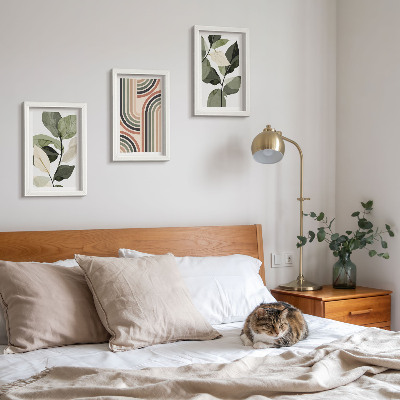 Set van ingelijste schilderijen Plantmotieven met geometrische patronen in groene tinten.