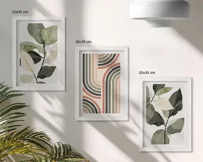 Set ingelijste schilderijen met plantmotieven en geometrische patronen in groene tinten