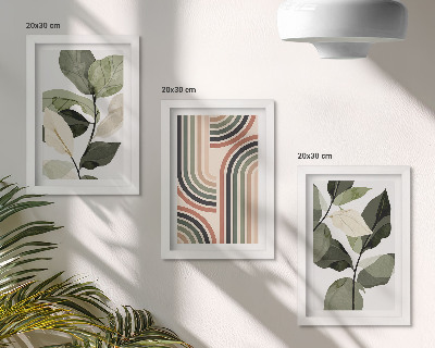 Set van ingelijste schilderijen Plantmotieven met geometrische patronen in groene tinten.