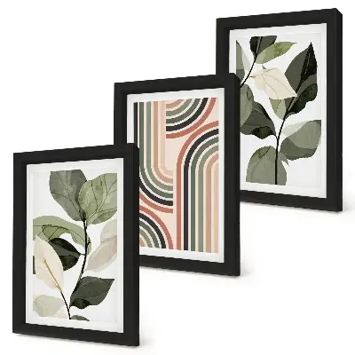 Set ingelijste schilderijen met plantmotieven en geometrische patronen in groene tinten