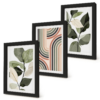 Set van ingelijste schilderijen Plantmotieven met geometrische patronen in groene tinten.