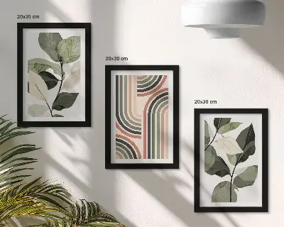Set ingelijste schilderijen met plantmotieven en geometrische patronen in groene tinten