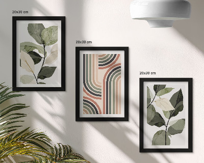 Set van ingelijste schilderijen Plantmotieven met geometrische patronen in groene tinten.
