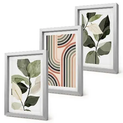 Set ingelijste schilderijen met plantmotieven en geometrische patronen in groene tinten