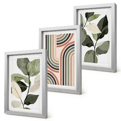 Set van ingelijste schilderijen Plantmotieven met geometrische patronen in groene tinten.