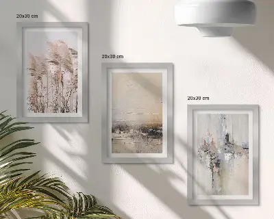 Set van ingelijste schilderijen natuurlijke vegetatie met abstracte patronen in ingetogen kleuren