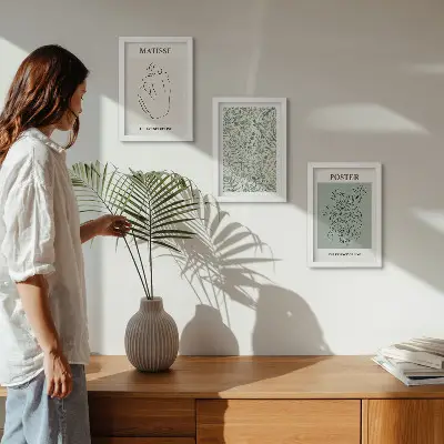 Gallery wall met lijnen en plantmotieven in een minimalistische stijl