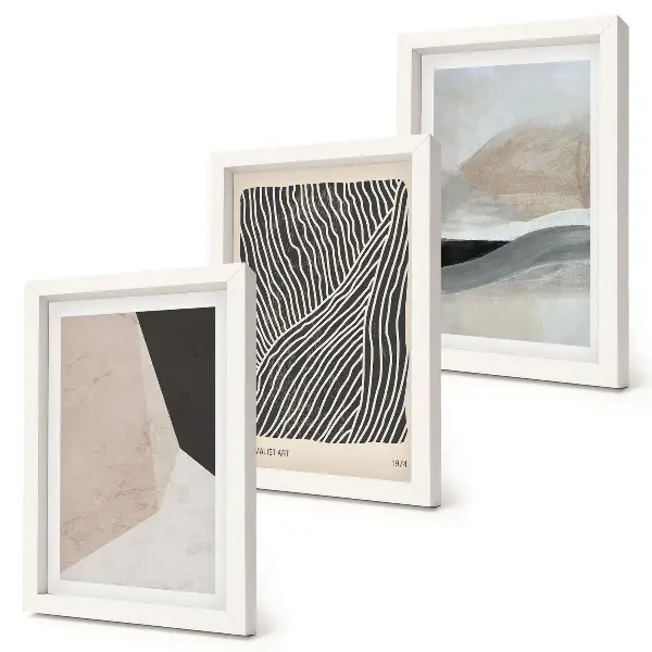 Gallery wall met abstracte patronen in beige en grijze tinten