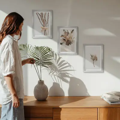 Set van ingelijste schilderijen met bloemen en takken in een minimalistische, natuurlijke stijl