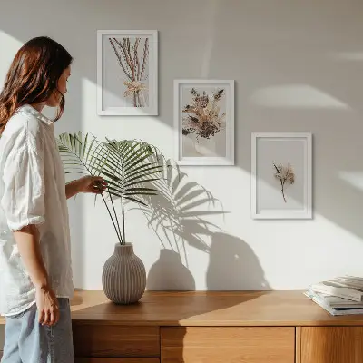 Set van ingelijste schilderijen met bloemen en takken in een minimalistische, natuurlijke stijl