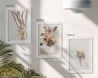Set van ingelijste schilderijen met bloemen en takken in een minimalistische, natuurlijke stijl