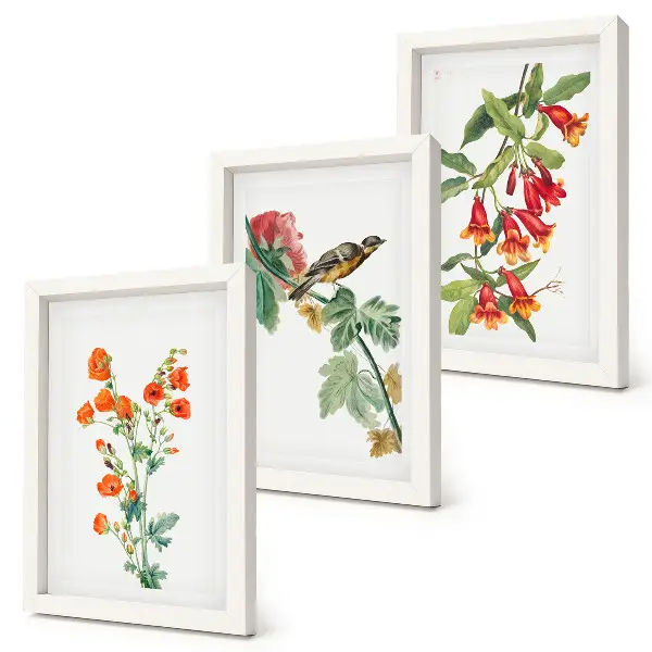Gallery wall met geschilderde retrobloemen en een vogel op een tak