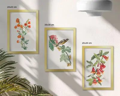 Gallery wall met geschilderde retrobloemen en een vogel op een tak