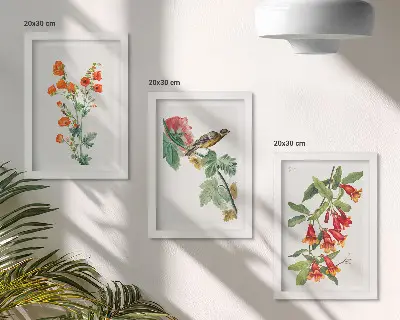 Gallery wall met geschilderde retrobloemen en een vogel op een tak