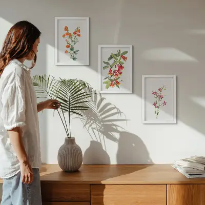 Set ingelijste schilderijen met vintage retro bloemenmotief