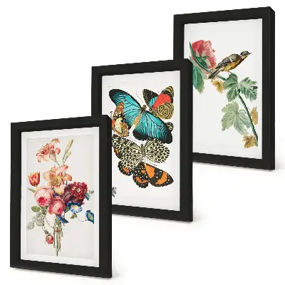 Set ingelijste schilderijen met bloemen, vlinders en een vogel in pastelkleuren