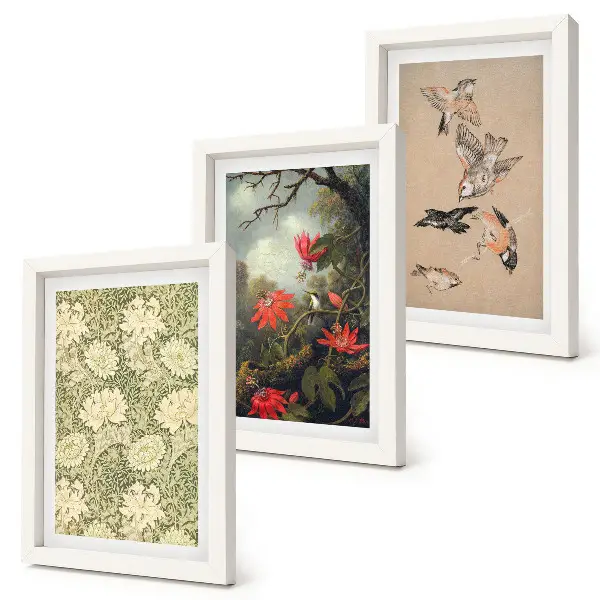 Gallery wall met bloemen en vogels in een natuurlijke omgeving
